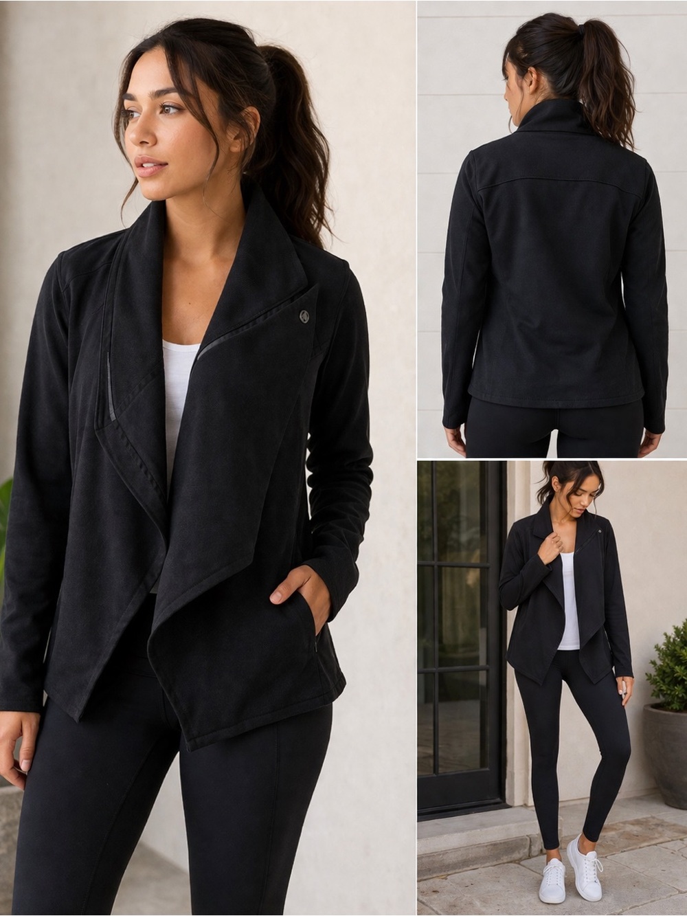 Lululemon athletic Black Asymmetrical Jacket Size 10 | Draped Snap Collar - Picture 2 of 9